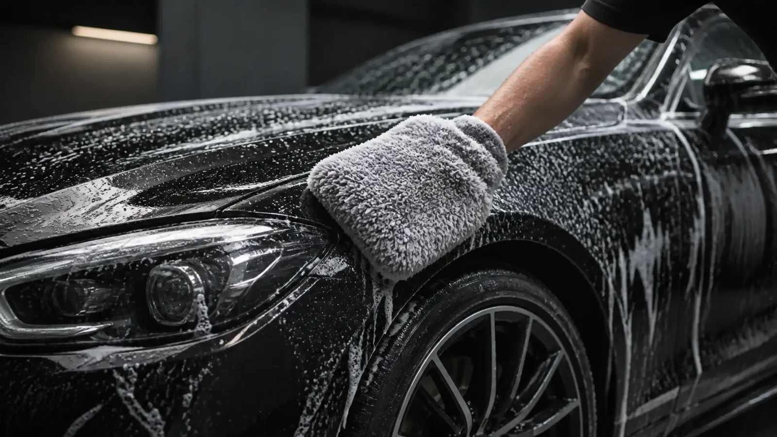 Een zwarte auto die met een washandschoen wordt gewassen.